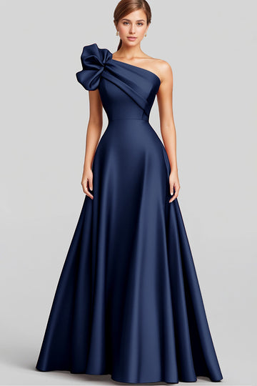 ZAPAKA Women Navy Satin Long Formal Dress A-Line Ruffled One Shoulder Evening Dress